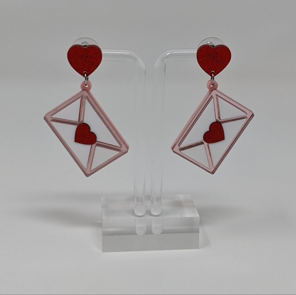 Jewelry - Valentine's Day White with Red Heart Envelope Acrylic Drop Earrings